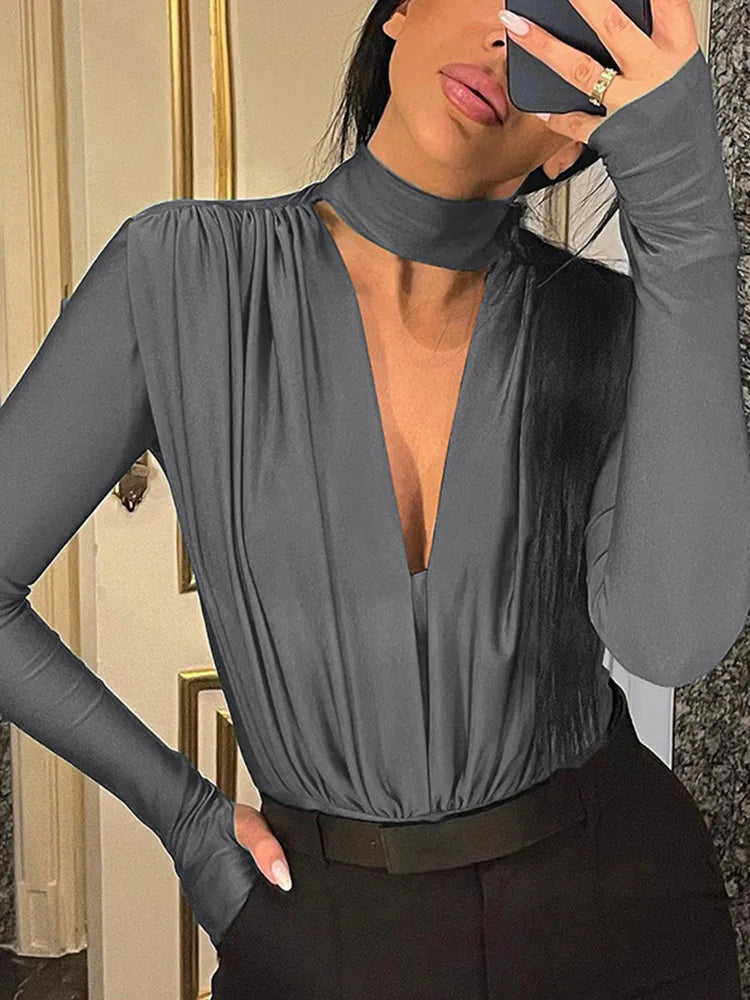 Bodysuits- Women Plunging Choker Bodysuit - Top for Clubbing and Festivals- - Pekosa Women Fashion