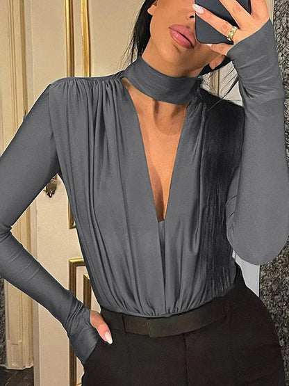 Bodysuits- Women Plunging Choker Bodysuit - Top for Clubbing and Festivals- - Pekosa Women Fashion