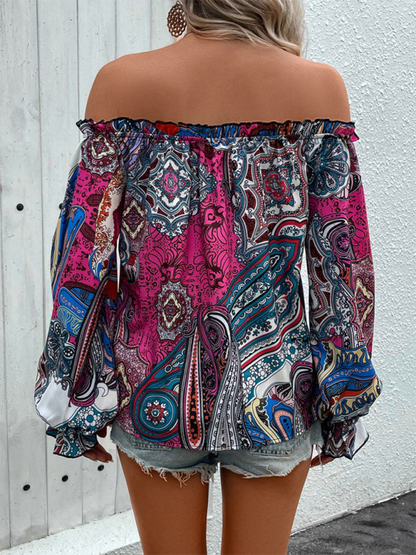 Boho Blouses- Women's Colorful Paisley Off-Shoulder Blouse for Spring Romance- - Pekosa Women Fashion