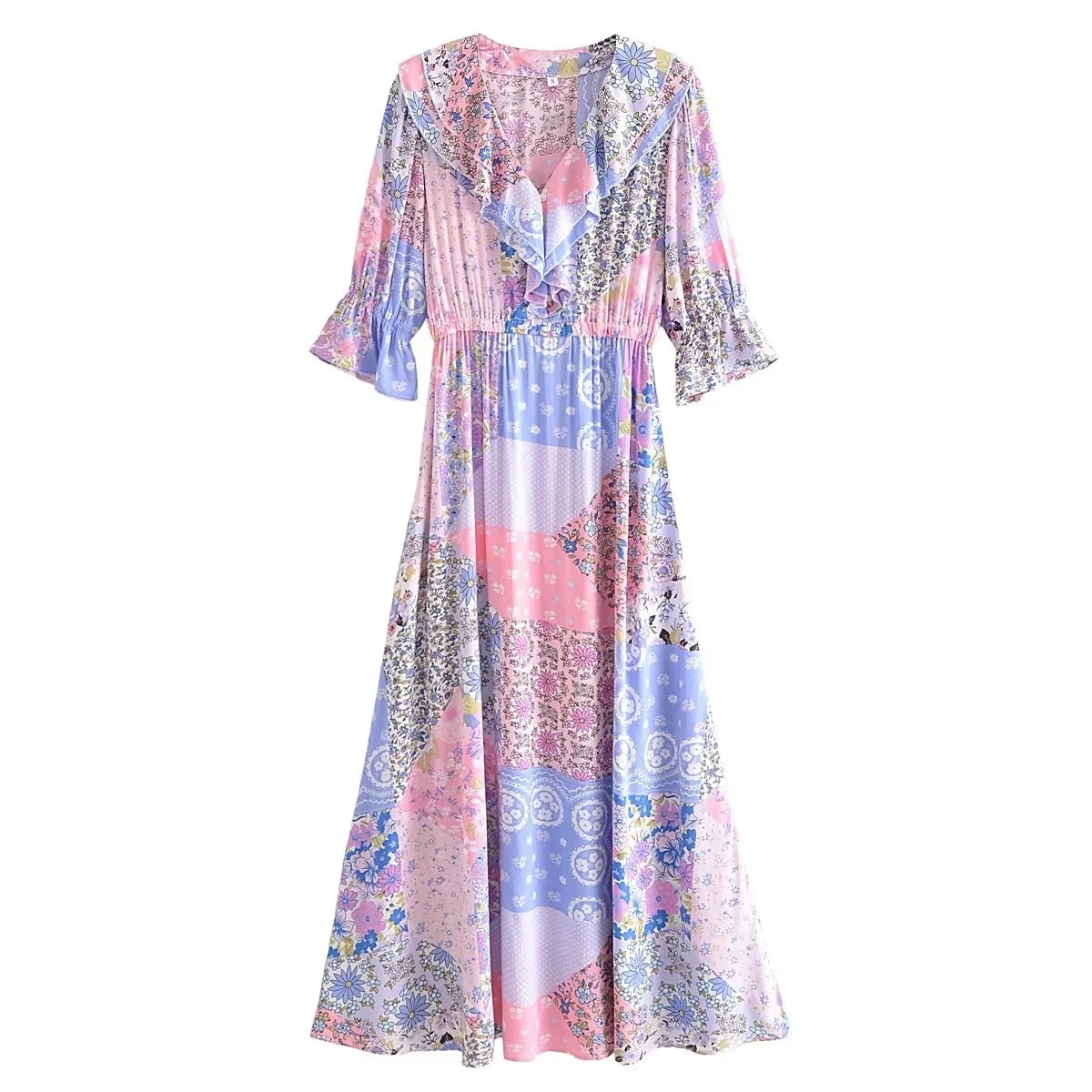 Boho Dresses - Boho Frill V-Neck 100% Viscose Dress Floral Print