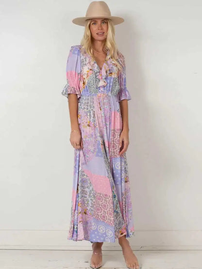 Boho Dresses - Boho Frill V-Neck 100% Viscose Dress Floral Print