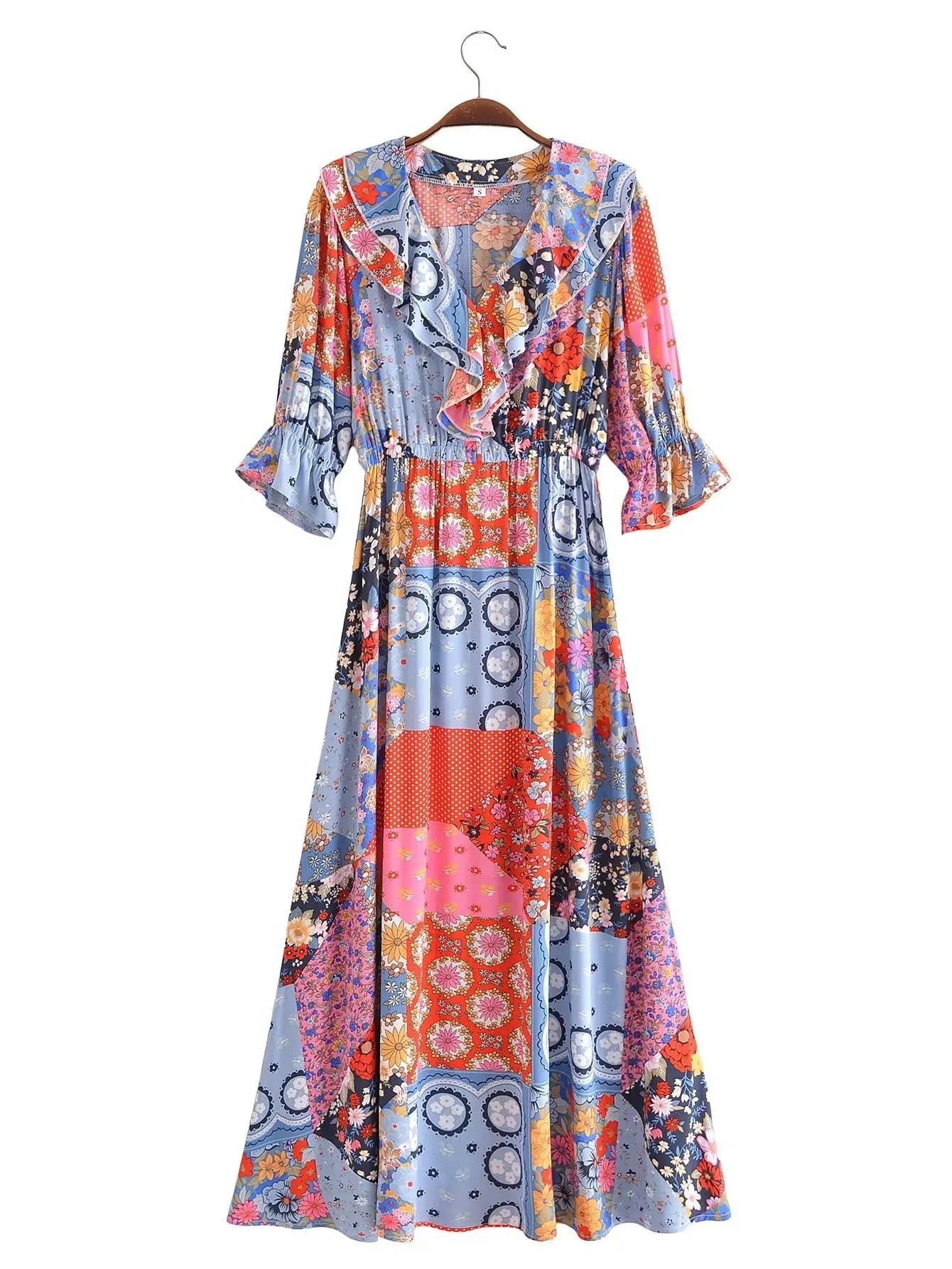 Boho Dresses - Boho Frill V-Neck 100% Viscose Dress Floral Print