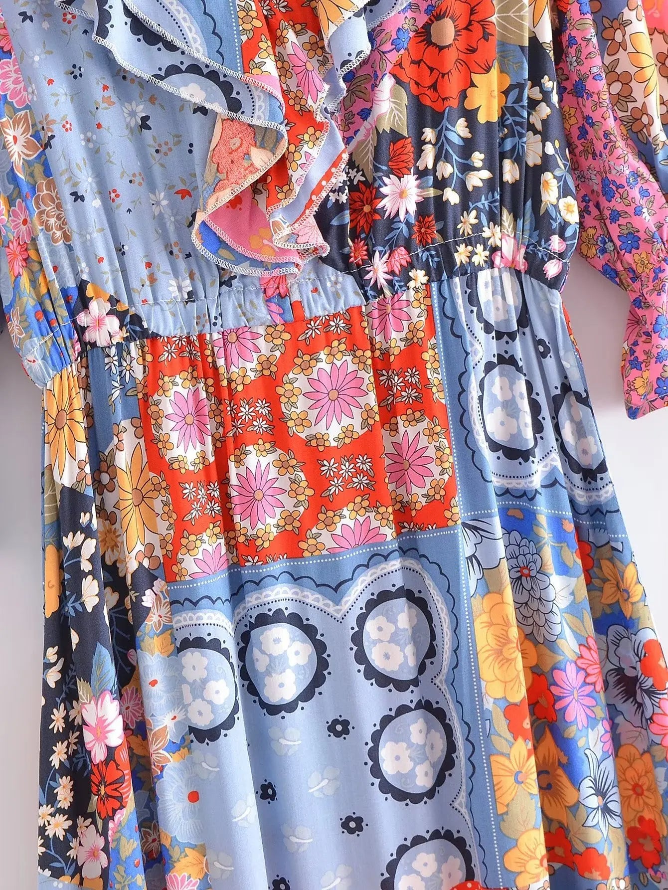 Boho Dresses - Boho Frill V-Neck 100% Viscose Dress Floral Print