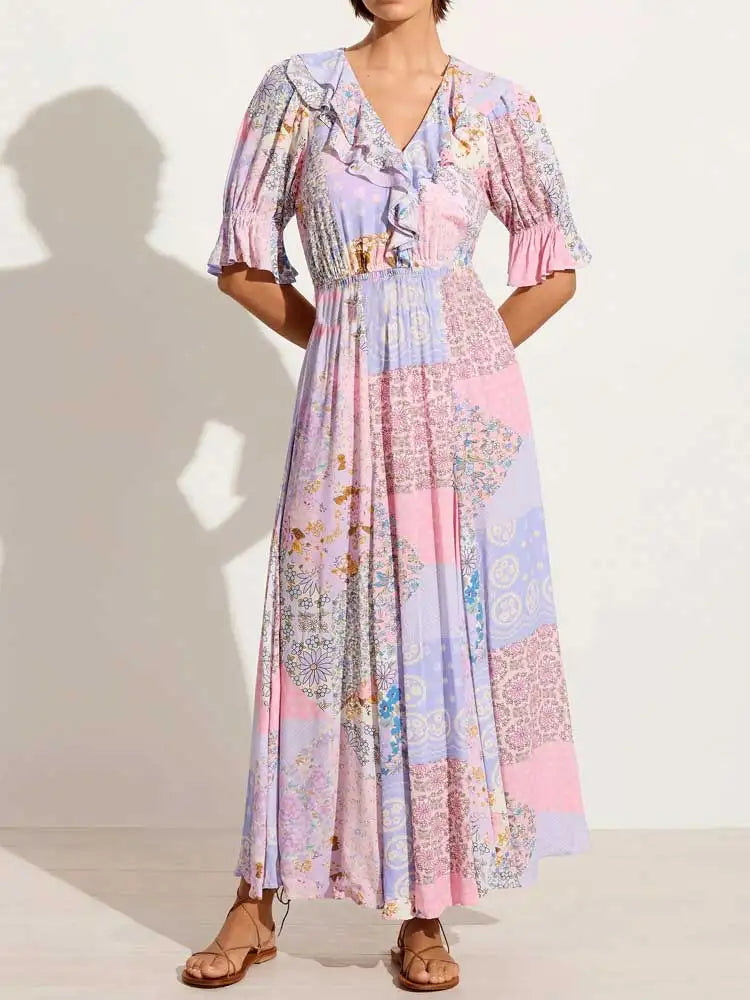 Boho Dresses - Boho Frill V-Neck 100% Viscose Dress Floral Print