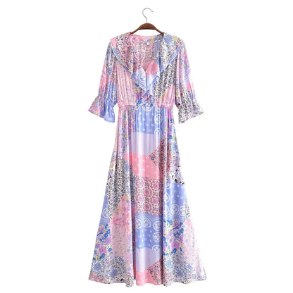 Boho Dresses - Boho Frill V-Neck 100% Viscose Dress Floral Print