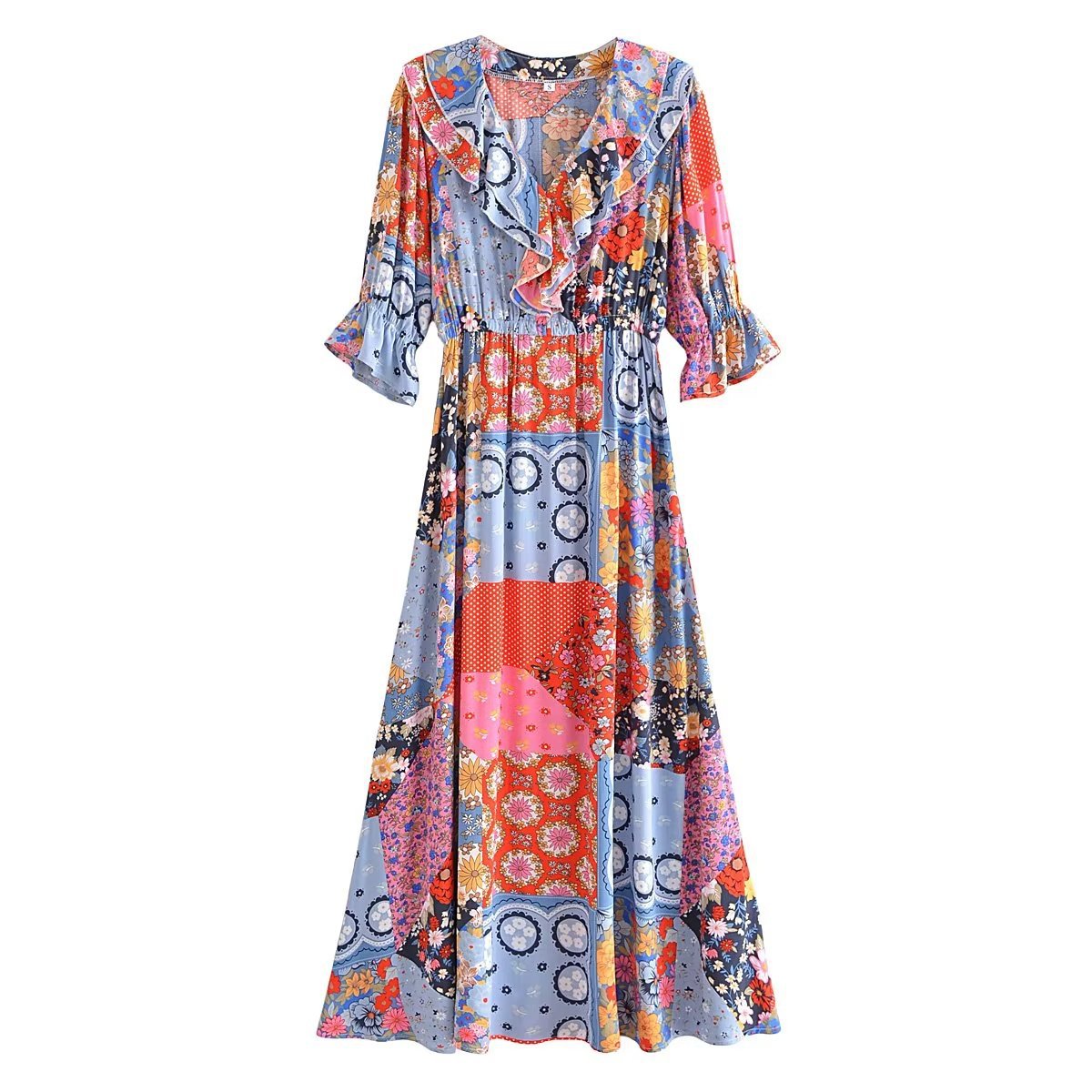 Boho Dresses - Boho Frill V-Neck 100% Viscose Dress Floral Print