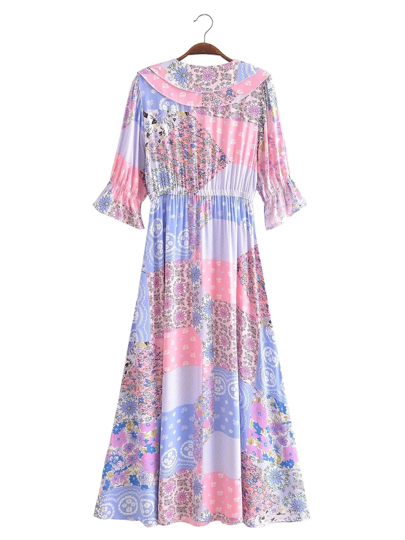 Boho Dresses - Boho Frill V-Neck 100% Viscose Dress Floral Print