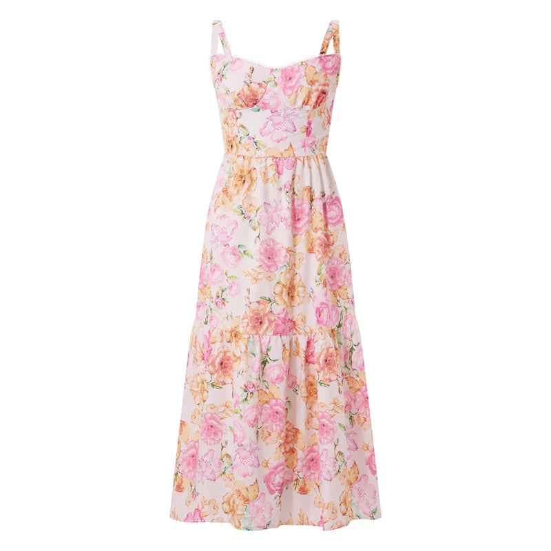 Boho Dresses- Boho Garden Parties Floral Cami Midi Dress- Pink Floral Print- Chuzko Women Clothing