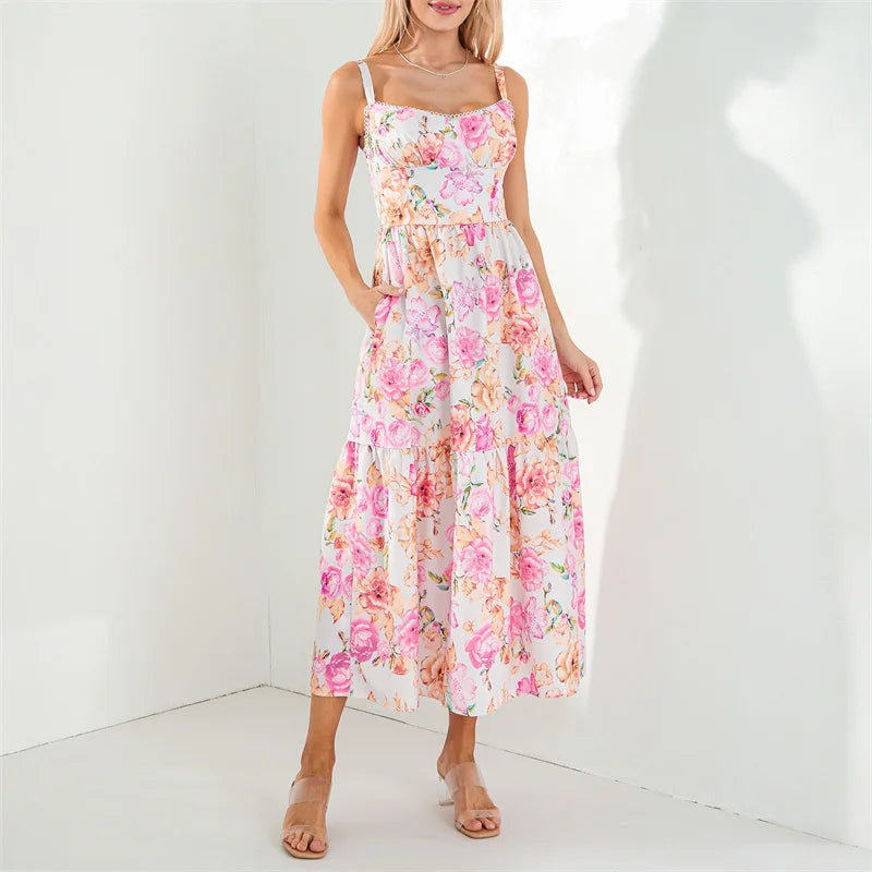 Boho Dresses- Boho Garden Parties Floral Cami Midi Dress- - Chuzko Women Clothing