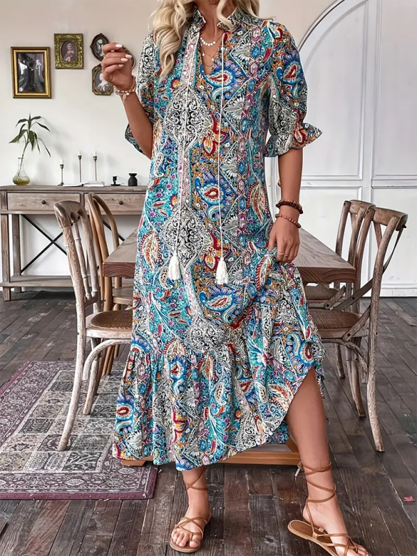 Boho Dresses- Casual Boho Paisley V-Neck Dress with Elbow Sleeves for Family Gatherings- - Pekosa Women Fashion