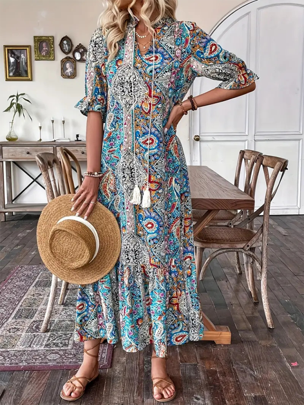 Boho Dresses- Casual Boho Paisley V-Neck Dress with Elbow Sleeves for Family Gatherings- - Pekosa Women Fashion