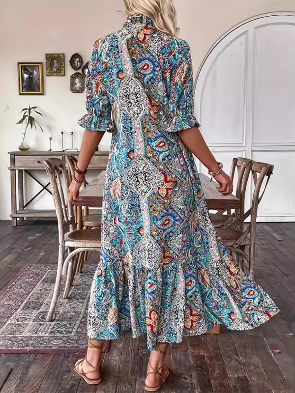 Boho Dresses- Casual Boho Paisley V-Neck Dress with Elbow Sleeves for Family Gatherings- - Pekosa Women Fashion