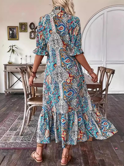 Boho Dresses- Casual Boho Paisley V-Neck Dress with Elbow Sleeves for Family Gatherings- - Pekosa Women Fashion