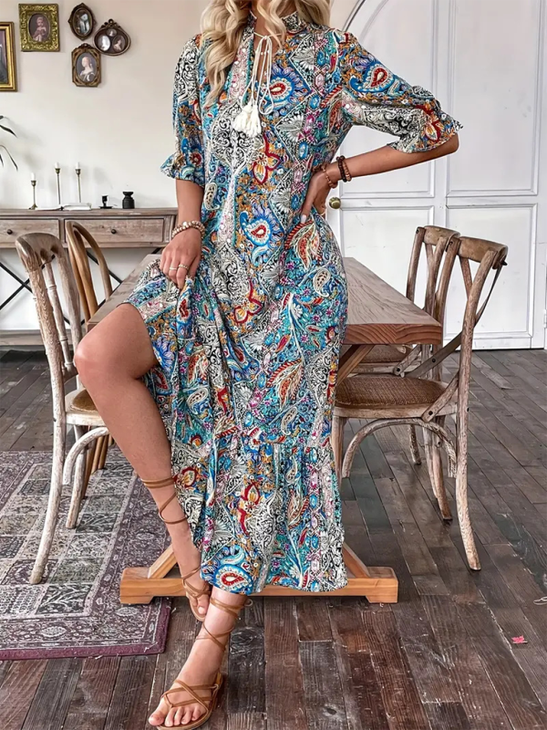 Boho Dresses- Casual Boho Paisley V-Neck Dress with Elbow Sleeves for Family Gatherings- - Pekosa Women Fashion