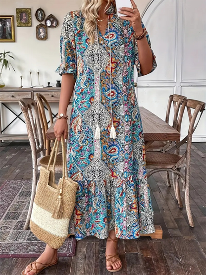 Boho Dresses- Casual Boho Paisley V-Neck Dress with Elbow Sleeves for Family Gatherings- Blue- Pekosa Women Fashion