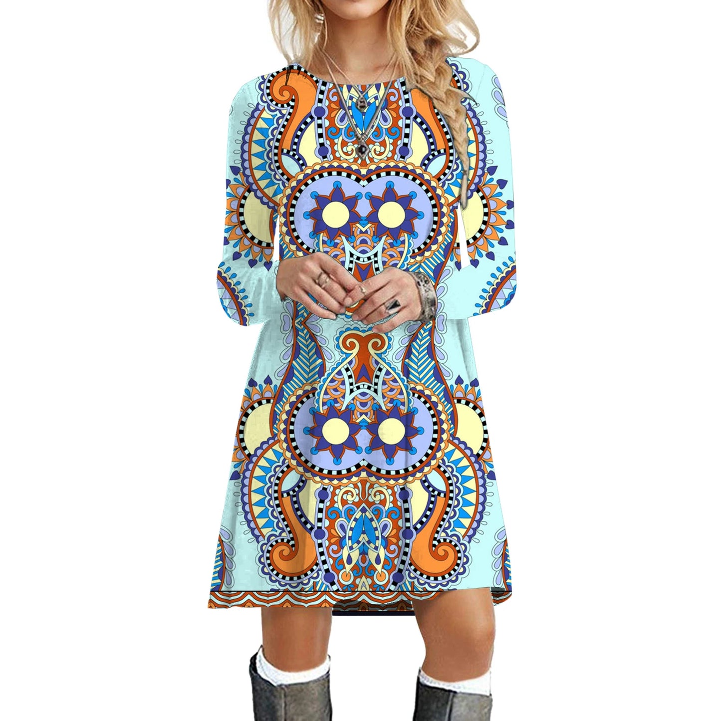 Boho Dresses - Ethnic Retro Long Sleeve Boho Print Mini Dress for Art Festivals