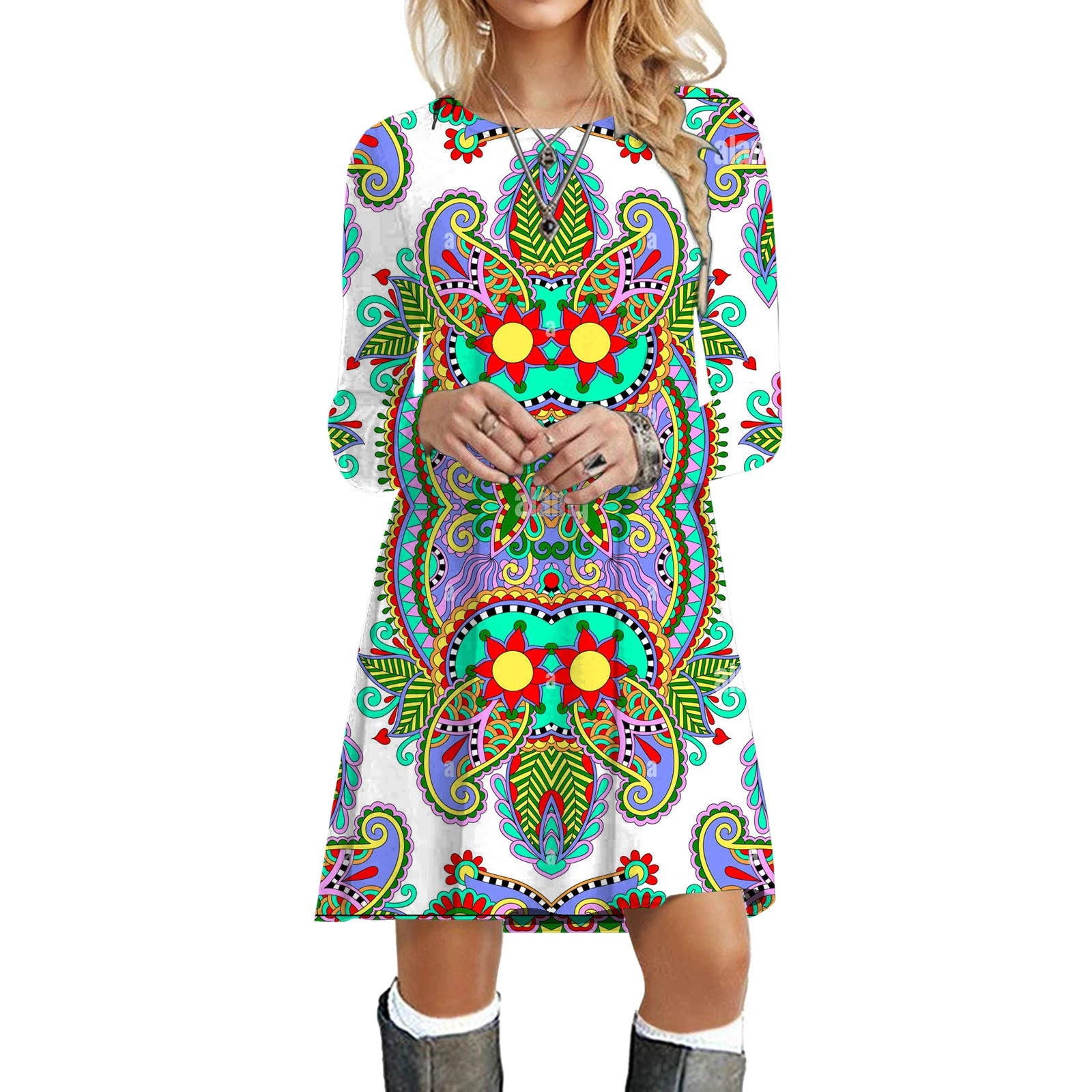 Boho Dresses - Ethnic Retro Long Sleeve Boho Print Mini Dress for Art Festivals