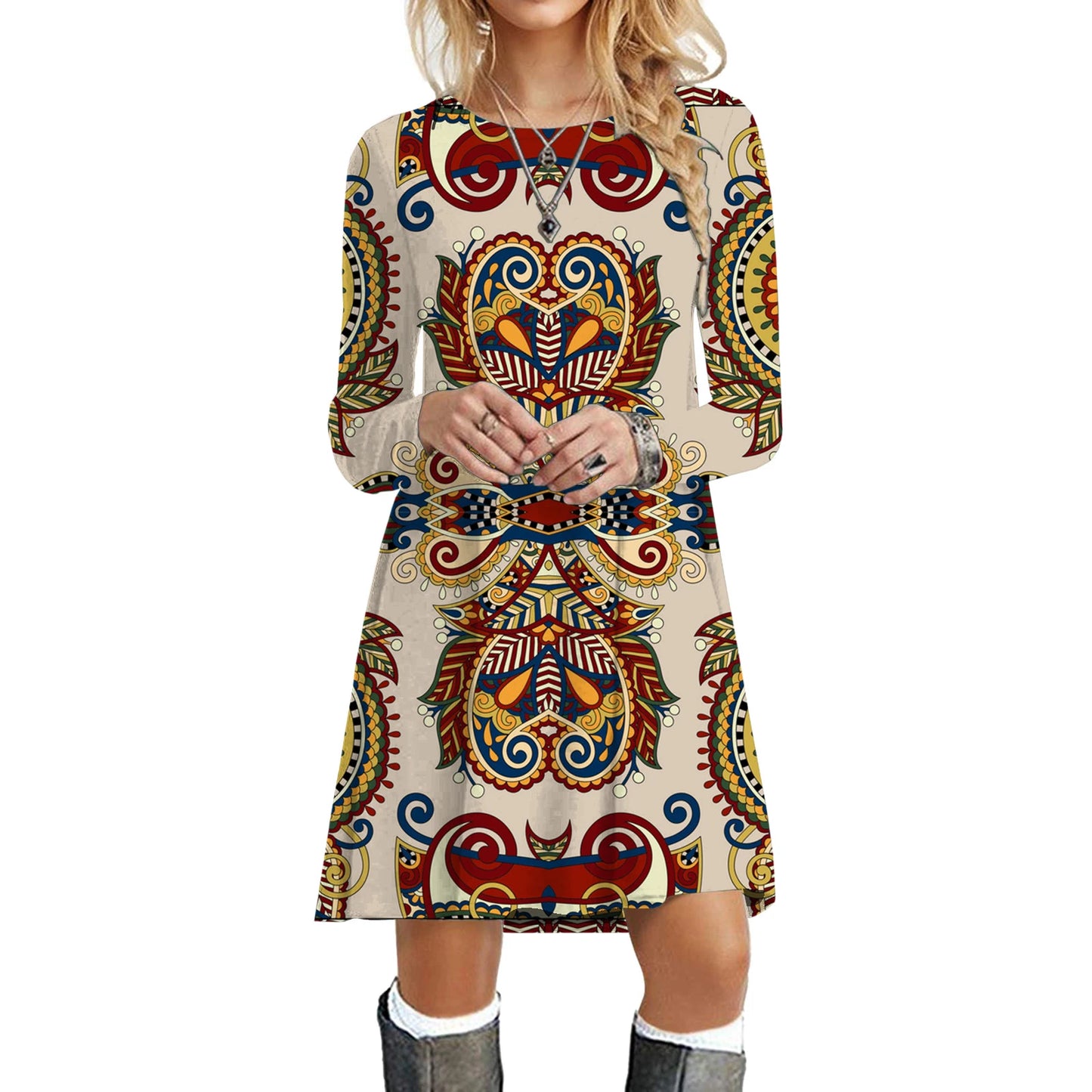 Boho Dresses - Ethnic Retro Long Sleeve Boho Print Mini Dress for Art Festivals