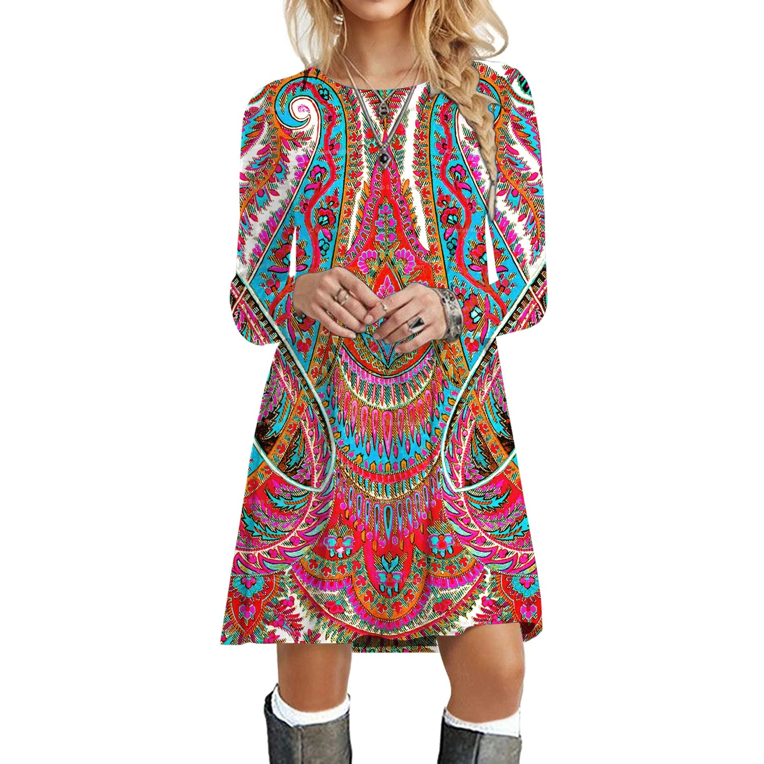 Boho Dresses - Ethnic Retro Long Sleeve Boho Print Mini Dress for Art Festivals