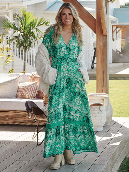 Boho Dresses- Women’s Flowing Boho Floral Maxi Dress with Button Details- - Pekosa Women Fashion