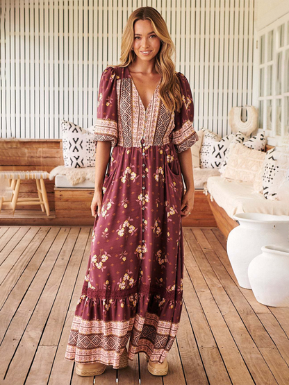 Boho Dresses- Women’s Flowing Boho Floral Maxi Dress with Button Details- - Pekosa Women Fashion