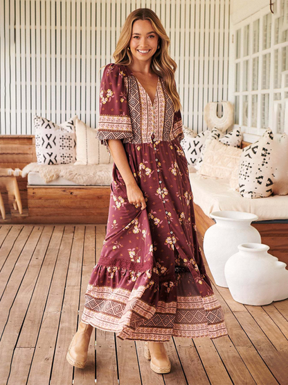 Boho Dresses- Women’s Flowing Boho Floral Maxi Dress with Button Details- Wine Red- Pekosa Women Fashion