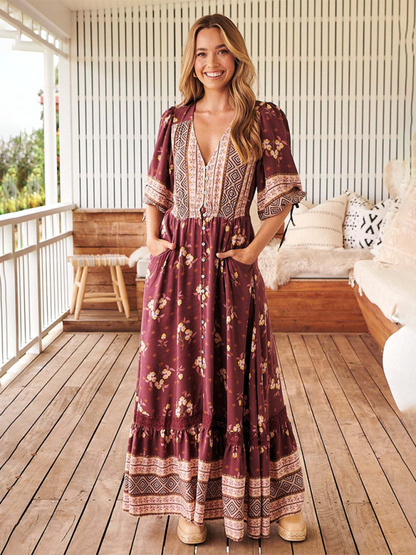 Boho Dresses- Women’s Flowing Boho Floral Maxi Dress with Button Details- - Pekosa Women Fashion