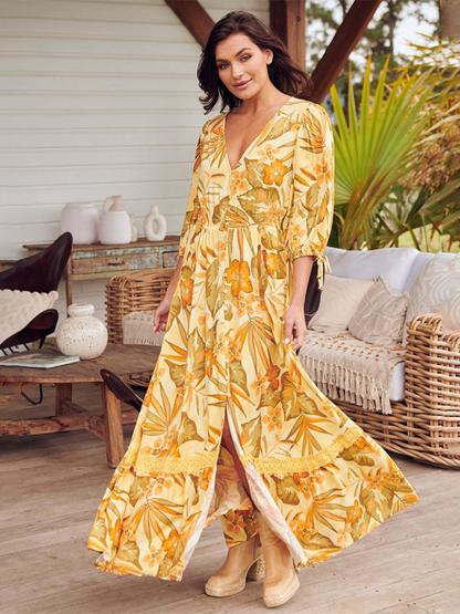 Boho Dresses- Women’s Flowing Boho Floral Maxi Dress with Button Details- - Pekosa Women Fashion