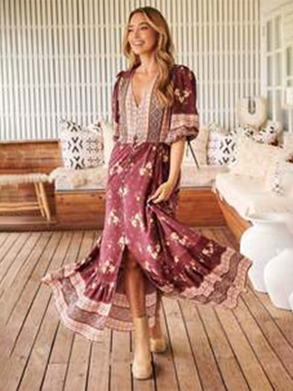 Boho Dresses- Women’s Flowing Boho Floral Maxi Dress with Button Details- - Pekosa Women Fashion