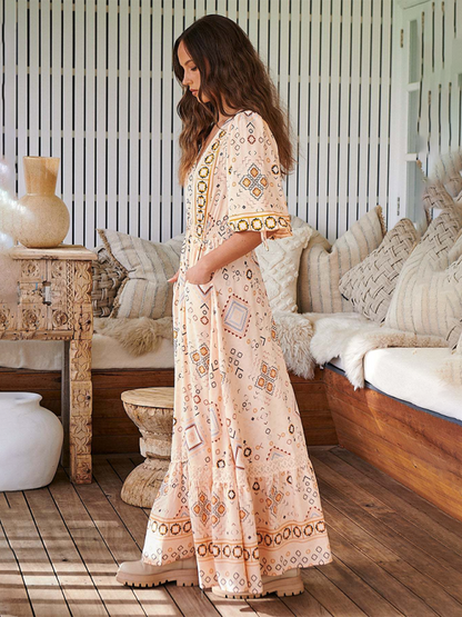 Boho Dresses- Women’s Flowing Boho Floral Maxi Dress with Button Details- - Pekosa Women Fashion