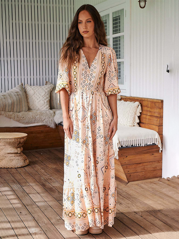 Boho Dresses- Women’s Flowing Boho Floral Maxi Dress with Button Details- - Pekosa Women Fashion