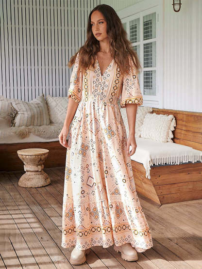 Boho Dresses- Women’s Flowing Boho Floral Maxi Dress with Button Details- - Pekosa Women Fashion