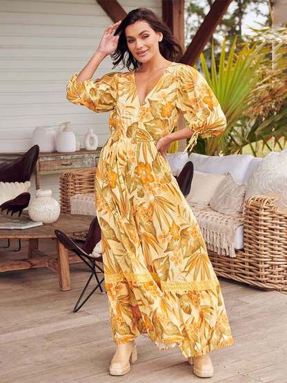 Boho Dresses- Women’s Flowing Boho Floral Maxi Dress with Button Details- Yellow- Pekosa Women Fashion