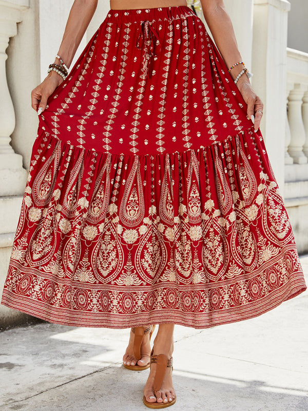 Boho Midi Dresses - Gold Patterned Boho Midi Skirt for Summer