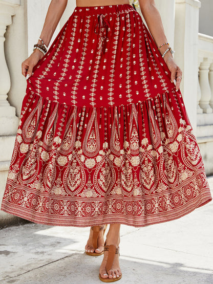 Boho Midi Dresses - Gold Patterned Boho Midi Skirt for Summer