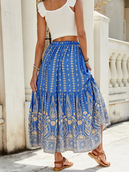 Boho Midi Dresses - Gold Patterned Boho Midi Skirt for Summer