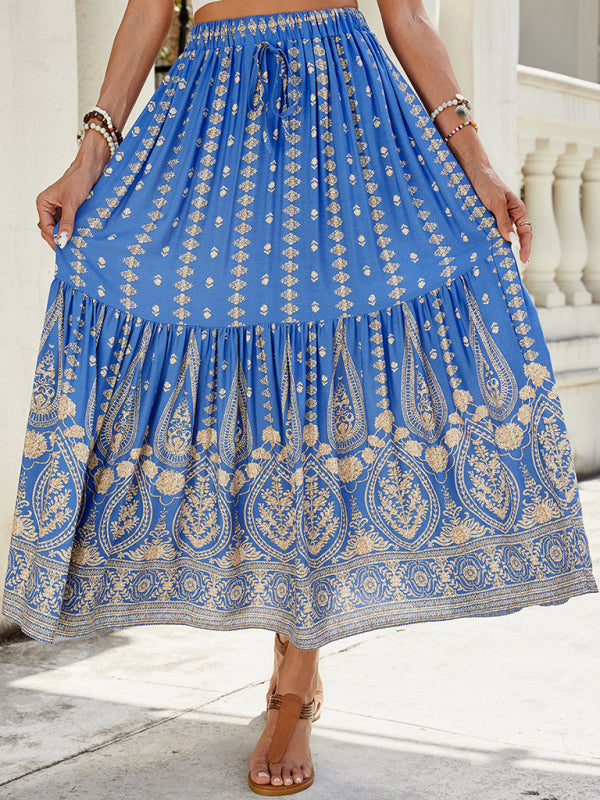 Boho Midi Dresses - Gold Patterned Boho Midi Skirt for Summer