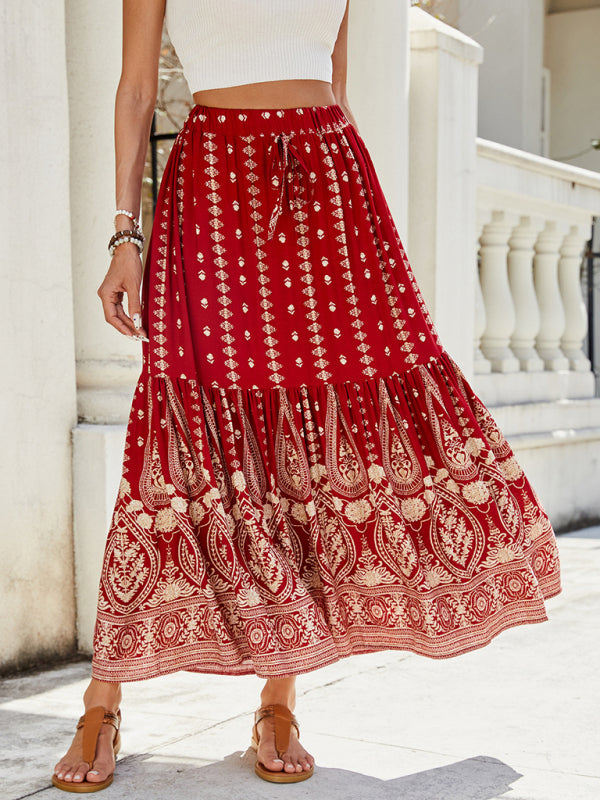 Boho Midi Dresses - Gold Patterned Boho Midi Skirt for Summer