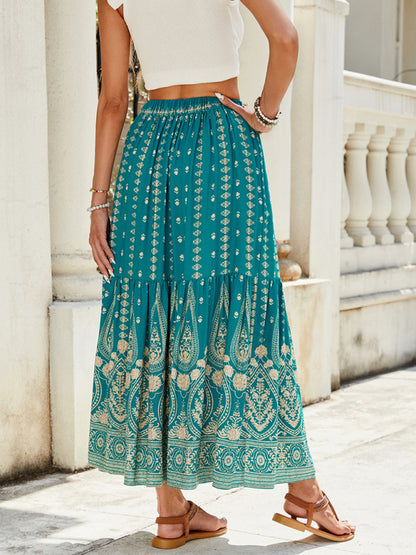 Boho Midi Dresses - Gold Patterned Boho Midi Skirt for Summer