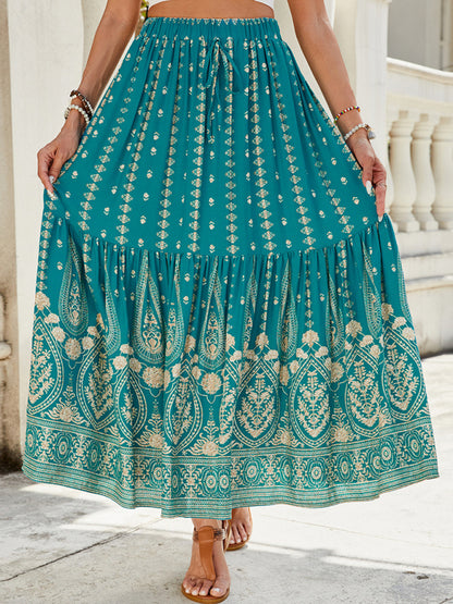 Boho Midi Dresses - Gold Patterned Boho Midi Skirt for Summer