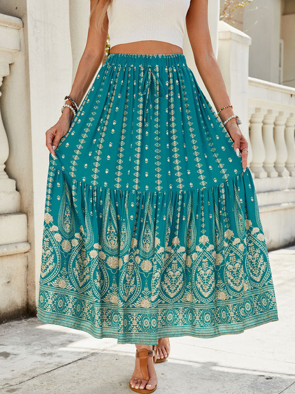 Boho Midi Dresses - Gold Patterned Boho Midi Skirt for Summer