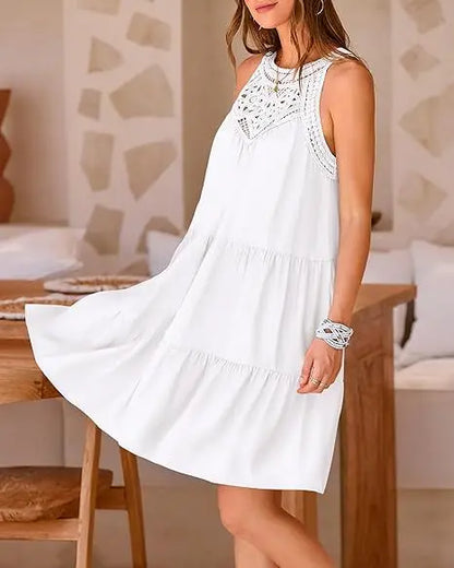 Boho Mini dresses - Crochet Lace Neckline Sleeveless Tent Mini Dress