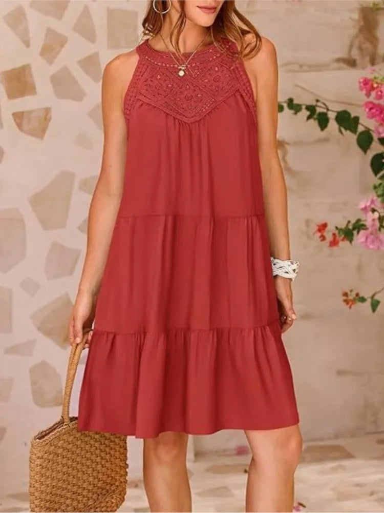 Boho Mini dresses - Crochet Lace Neckline Sleeveless Tent Mini Dress