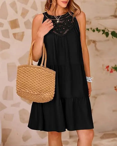 Boho Mini dresses - Crochet Lace Neckline Sleeveless Tent Mini Dress