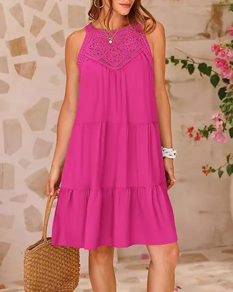 Boho Mini dresses - Crochet Lace Neckline Sleeveless Tent Mini Dress