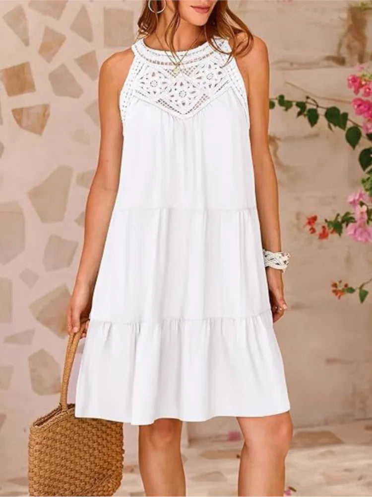 Boho Mini dresses - Crochet Lace Neckline Sleeveless Tent Mini Dress