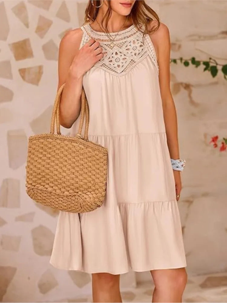 Boho Mini dresses - Crochet Lace Neckline Sleeveless Tent Mini Dress