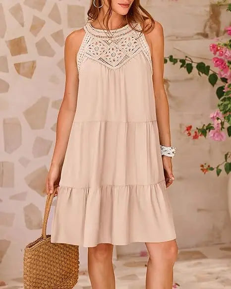 Boho Mini dresses - Crochet Lace Neckline Sleeveless Tent Mini Dress