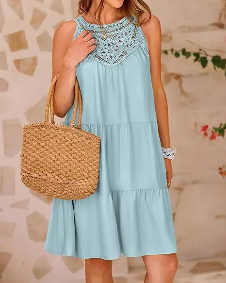 Boho Mini dresses - Crochet Lace Neckline Sleeveless Tent Mini Dress