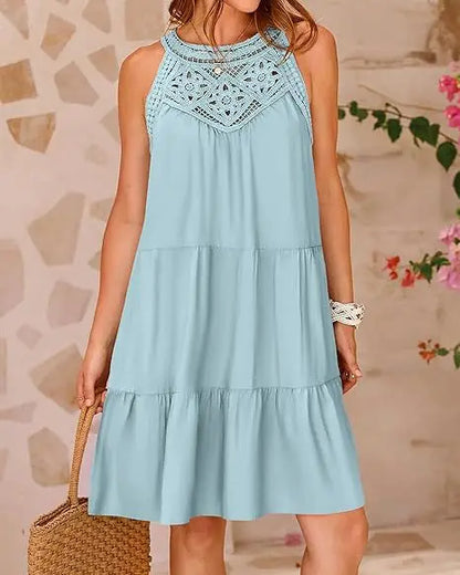 Boho Mini dresses - Crochet Lace Neckline Sleeveless Tent Mini Dress